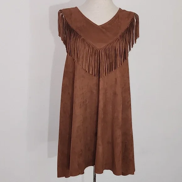 Tasha Polizzi Dress Fringed Faux Suede Western Cowgirl Brown Size S - Picture 7 of 12
